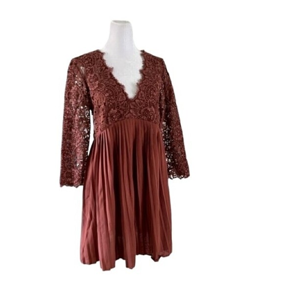 Zara Terracotta Pleated Guipure Lace Dress Size Medium - Picture 6 of 13